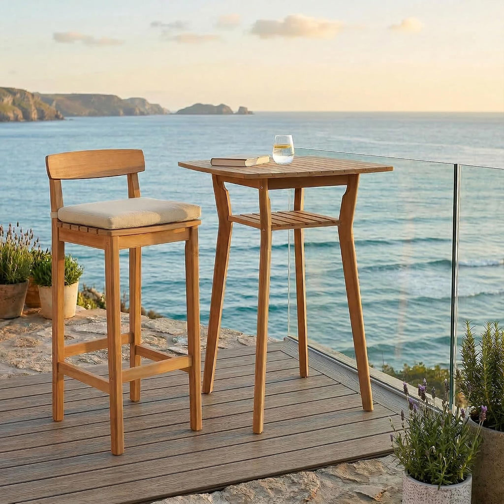 Patio Bar Stools Set of 2, Solid Acacia Wood Patio Barstools with Footrest, 28.5' Counter Height Outdoor Bar Stools, High Top Patio Bar Chairs for Balcony/Deck/Kitchen Island/Bistro, Beige