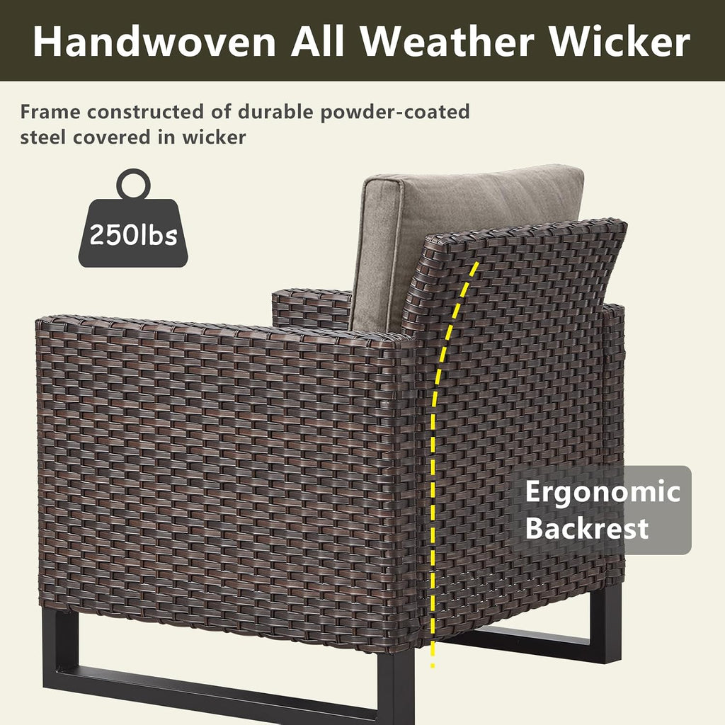 Rilyson Luxury Wicker Outdoor Patio Furniture Set - 6 Piece Patio Conversation Set with 2 Armrest Chairs,2 Rattan Ottoman,1 Couch and 1 Metal Side Table for Outside Porch Deck Backyard(Brown/Grey)