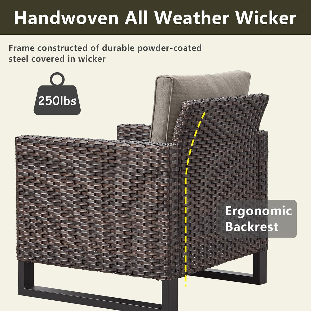 Rilyson Luxury Wicker Outdoor Patio Furniture Set - 6 Piece Patio Conversation Set with 2 Armrest Chairs,2 Rattan Ottoman,1 Couch and 1 Metal Side Table for Outside Porch Deck Backyard(Brown/Grey)