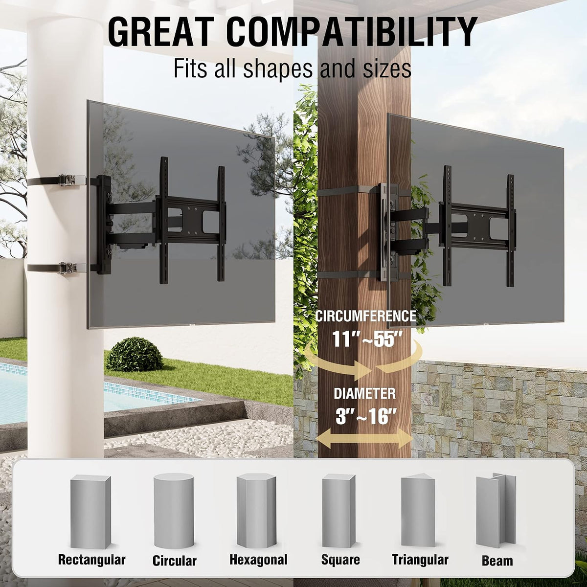 ZeboZap 32'–70' TVs | Outdoor Full Motion TV Mount Fits Pillars & Poles, No Drill Gazebo & Pergola TV Mount, VESA 400x400, Holds 80 lbs