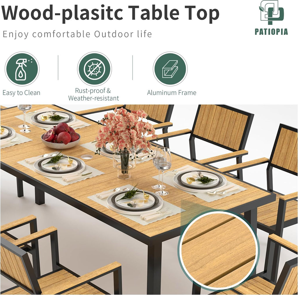 10-Piece Patio Dining Set, Outdoor Weather-Resistant Plastic-Wood Table & 8 Stackable Chairs, Outdoor Durable Aluminum Frame Furniture for Garden, Poolside, Backyard