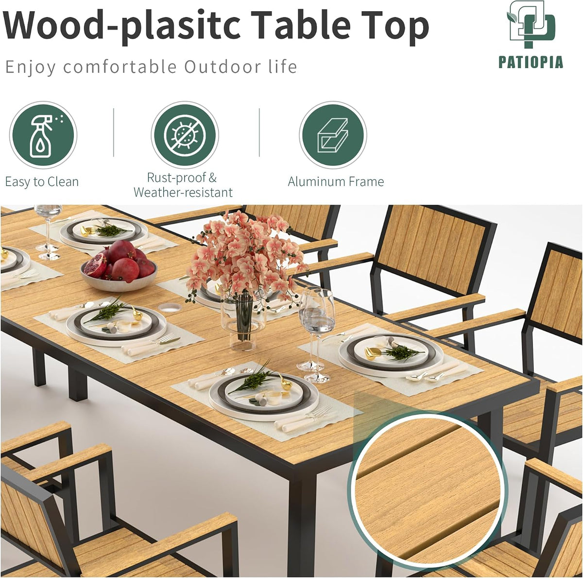 10-Piece Patio Dining Set, Outdoor Weather-Resistant Plastic-Wood Table & 8 Stackable Chairs, Outdoor Durable Aluminum Frame Furniture for Garden, Poolside, Backyard