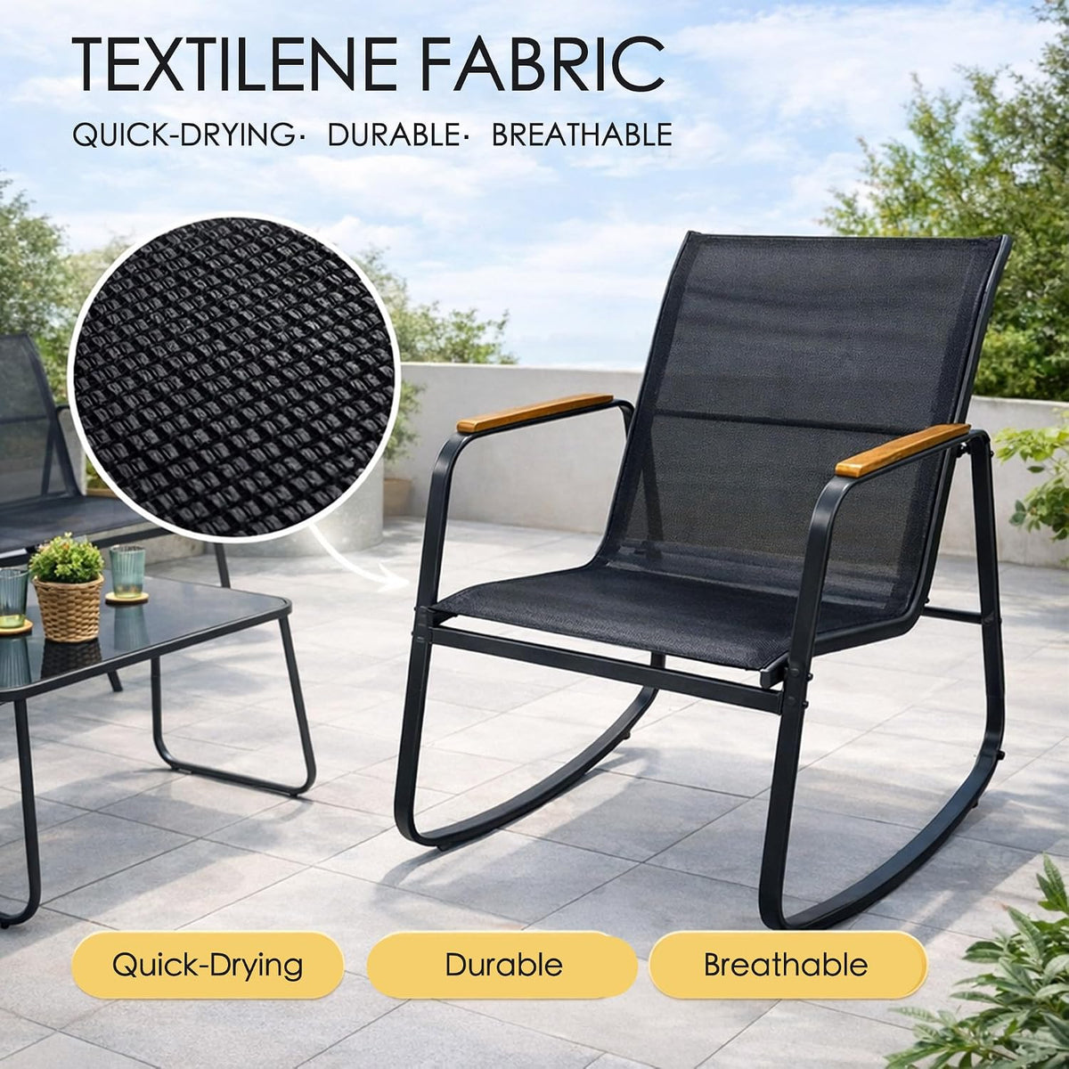 Kozyard 4-Piece Outdoor Patio Furniture Set with Textilene Chairs, Metal Conversation Set, Tempered Glass Coffee Table, Powder-Coated Steel Frame for Garden, Poolside, Backyard Black