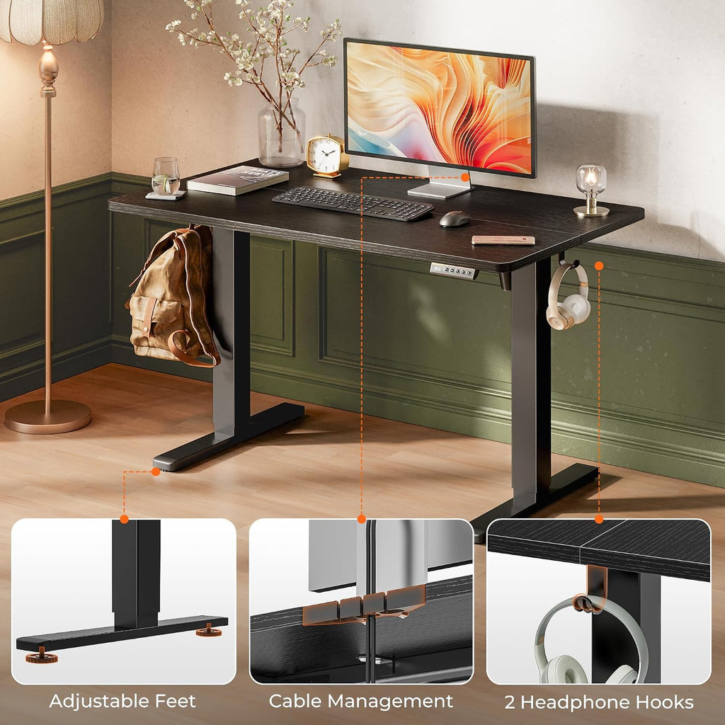 Huuger 48 x 28 Large Electric Standing Desk, Height Adjustable Desk, 27.6' Deep Desktop, Stand up Gaming, 2 Hooks, 3 Preset Heights, for Home Office, Black
