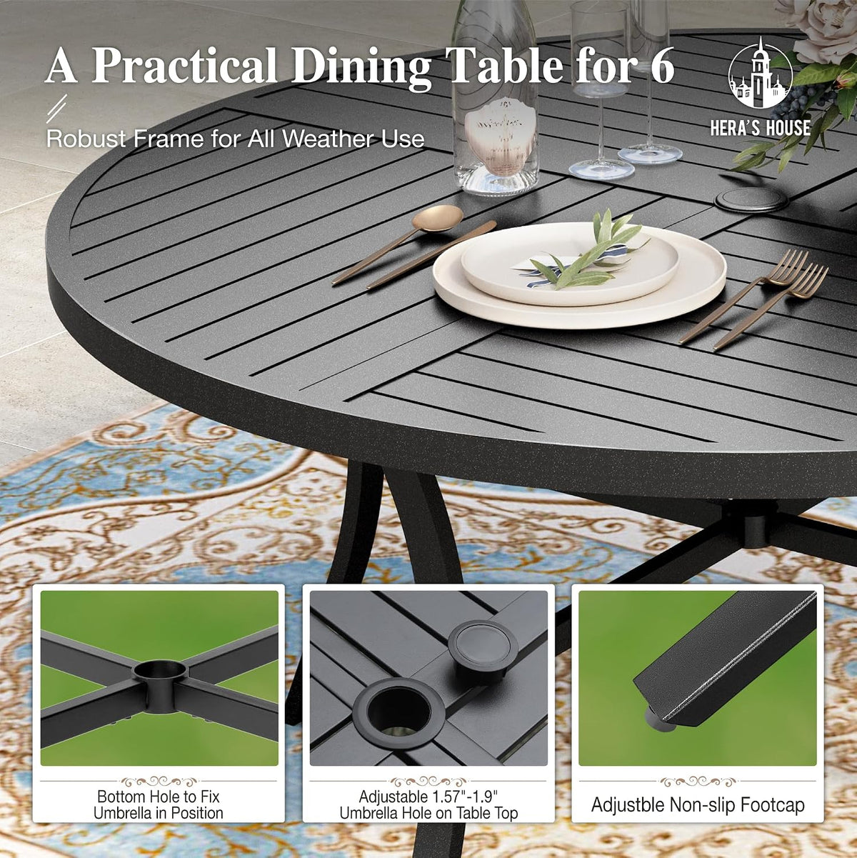 HERA'S HOUSE Round Patio Table and Chairs, 7 Pieces Outdoor Dining Set, All Weather Metal Patio Table Sets with Umbrella Hole, Brown