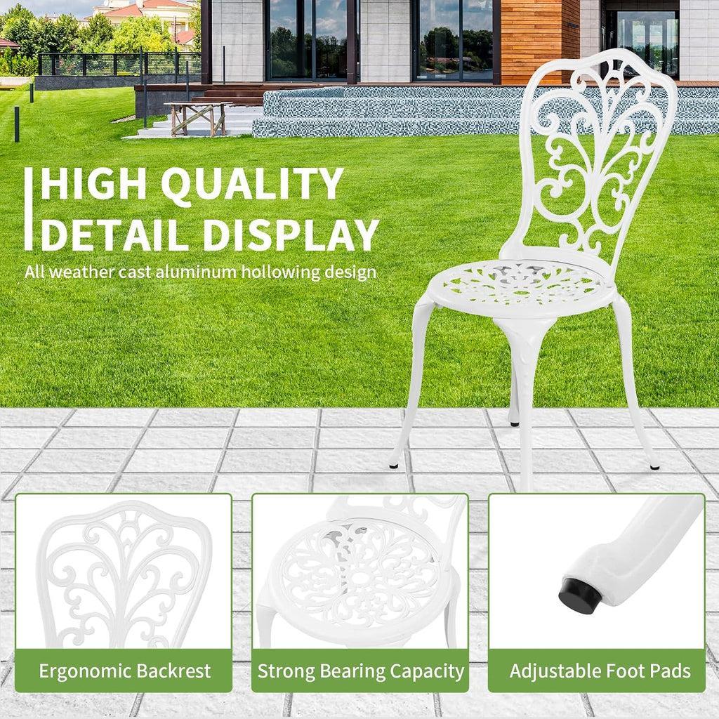 Patio Bistro Sets, Cast Aluminum Bistro Table and Chairs Set of 2 with Umbrella Hole, Bistro Set 3 Piece Outdoor, Metal Patio Furniture Set for Garden Porch, White