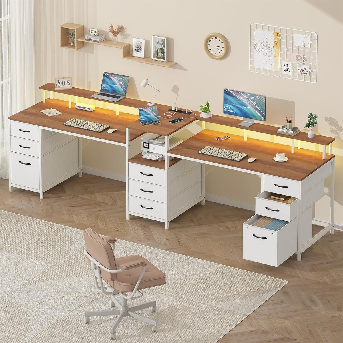 YOMILUVE 98.4' Long Computer Desk with 9 Drawers, 2 Person Gaming Desk with LED Lights & Power Outlet, Two Person Home Office Desk with Storage, Printer Shelf ＆ Monitor Stand, Brown and White