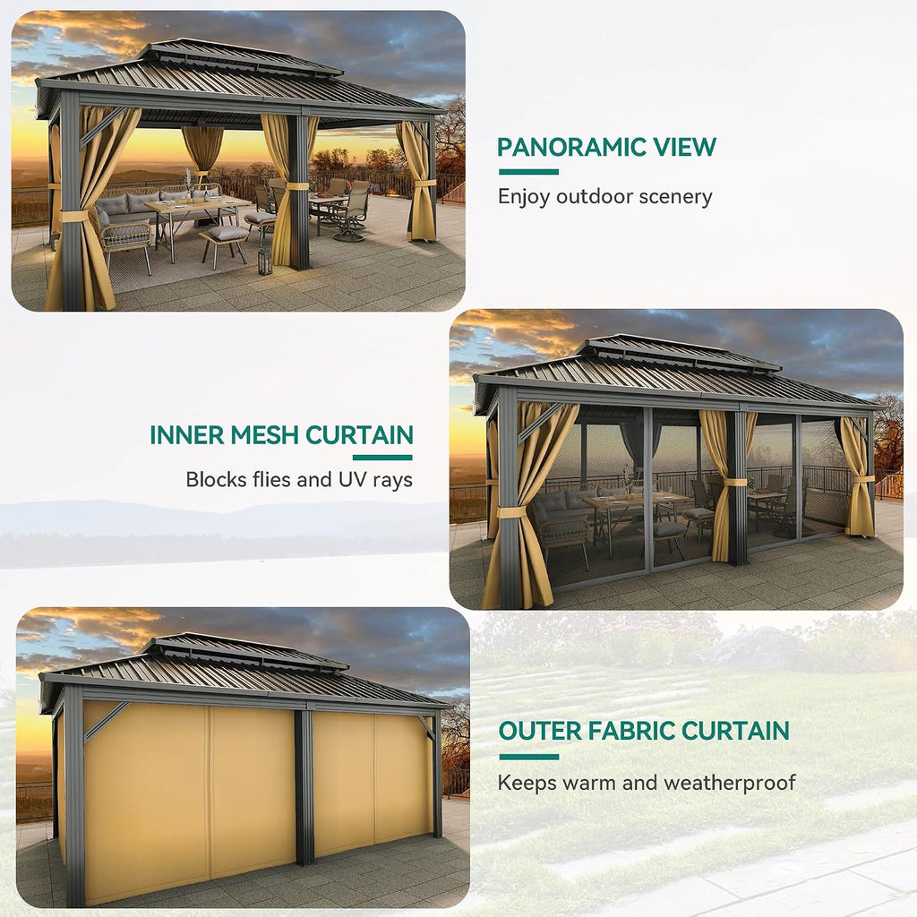 YITAHOME 12X18FT Meatl Hardtop Gazebo Metal Double Roof Canopy Galvanized Iron Aluminum Pillar Garden Tent Curtains Netting for Patios Backyards Decks Lawns