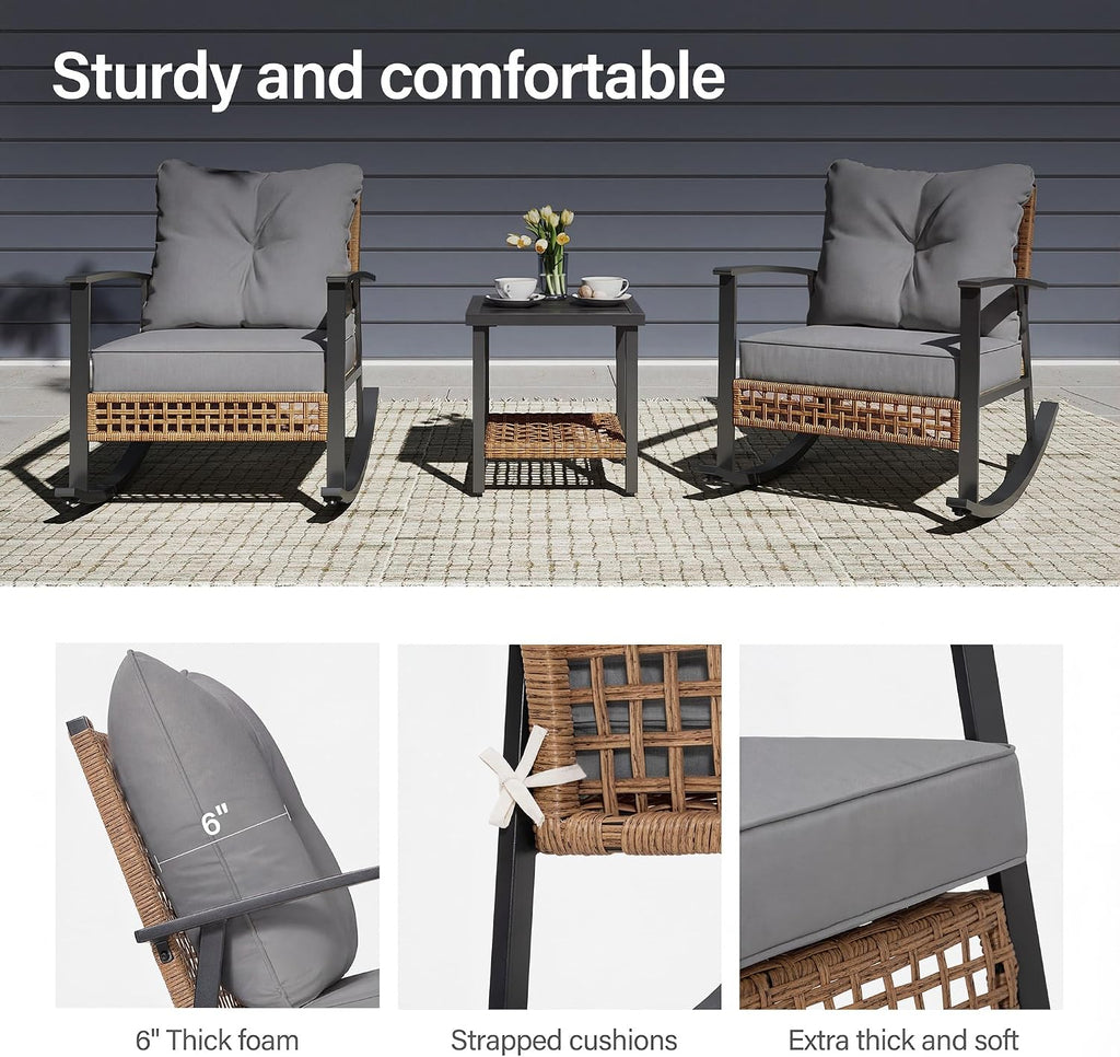 LAUSAINT HOME 3-Piece Rocking Bistro Set, Outdoor Patio Furniture with Thick Cushions and 2-Tier Coffee Table, Oversize Rattan Conversation Set for Garden, Balcony, Backyard (Grey)