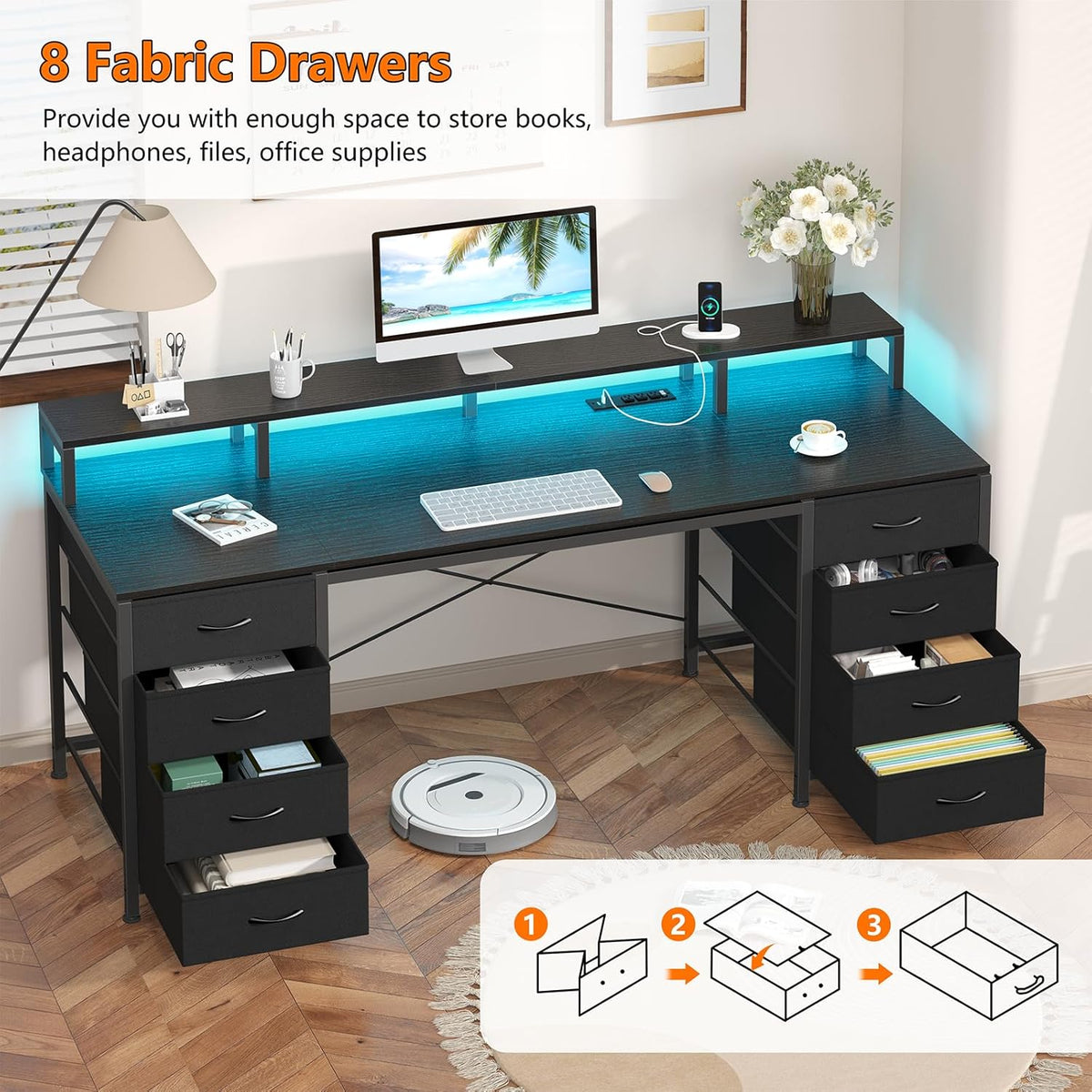 YOMILUVE 60 Inch Computer Desk with 8 Drawers, Gaming Desk with LED Lights & Power Outlets, Home Office Desk with Monitor Stand, Black