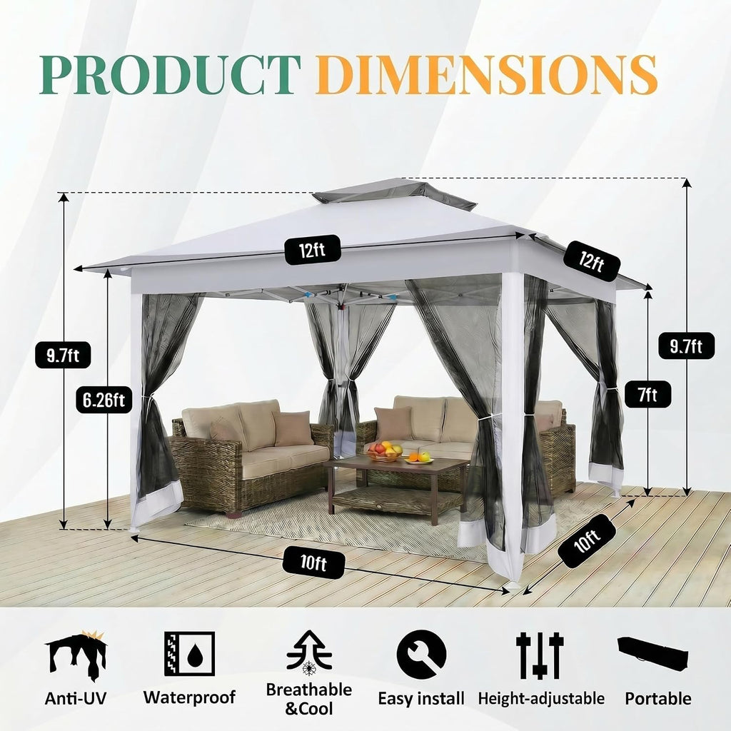 COBIZI 12x12 Pop Up Gazebos On Clearance - Upgrade Easy Up Metal Outdoor Gazebo Waterproof - Portable Gazebo with Mosquito Nettings, 4 Ropes 8 Stakes and Carry Bag for Patio Garden(Light Gray)