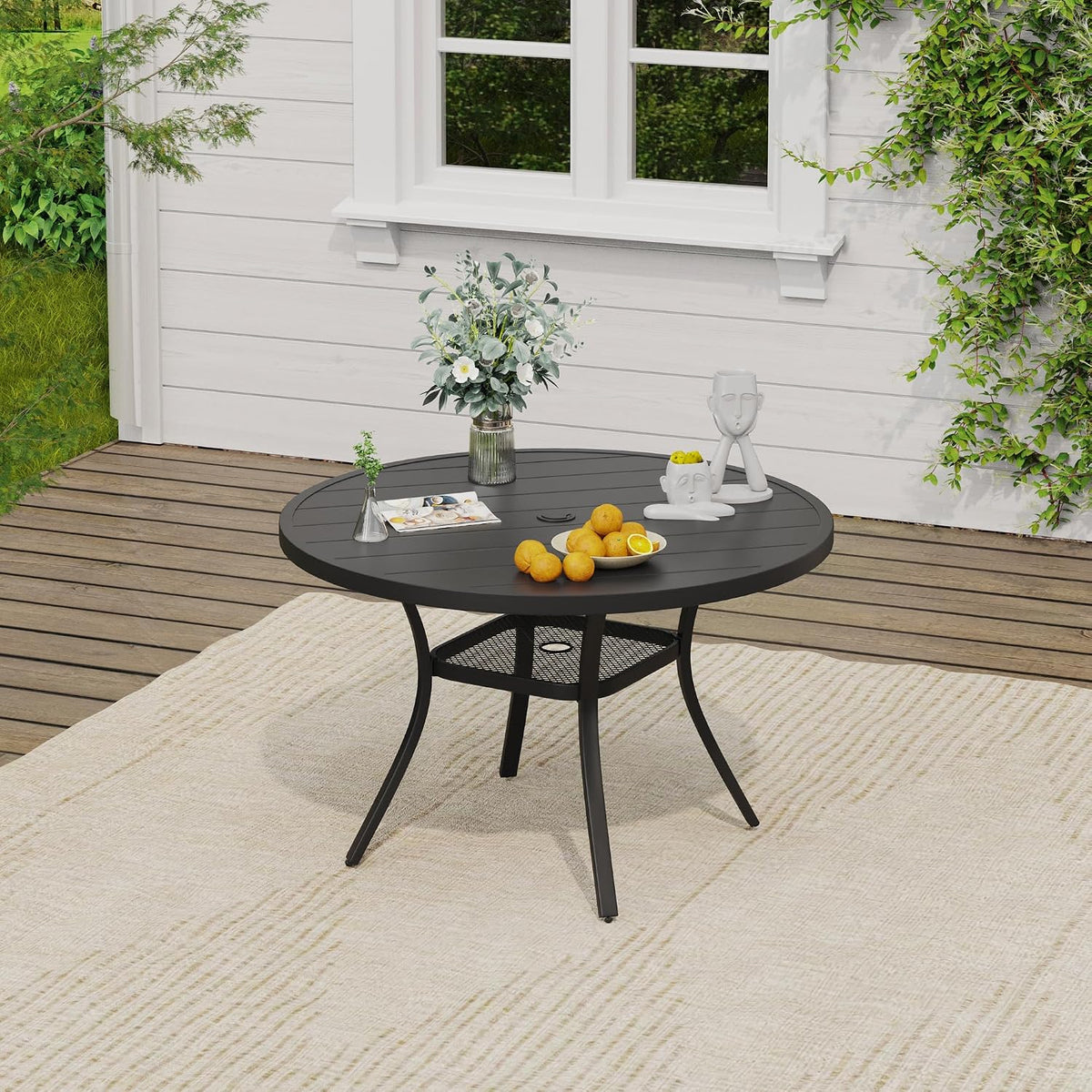 VICLLAX Round Outdoor Dining Set, Patio Table and Chairs Set Set of 4 Patio Stackable Chairs and 40.6' Outdoor Round Table with Umbrella Hole for Backyard Lawn Garden, Blue Chairs and Black Table