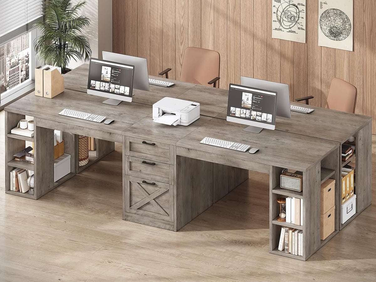 SEDETA Farmhouse 96.5' Computer Desk with Drawers, 2 Person Home Office Desk, Gaming Double Desk with Storage Shelves, Long Two Person Writing Desk (Grey)
