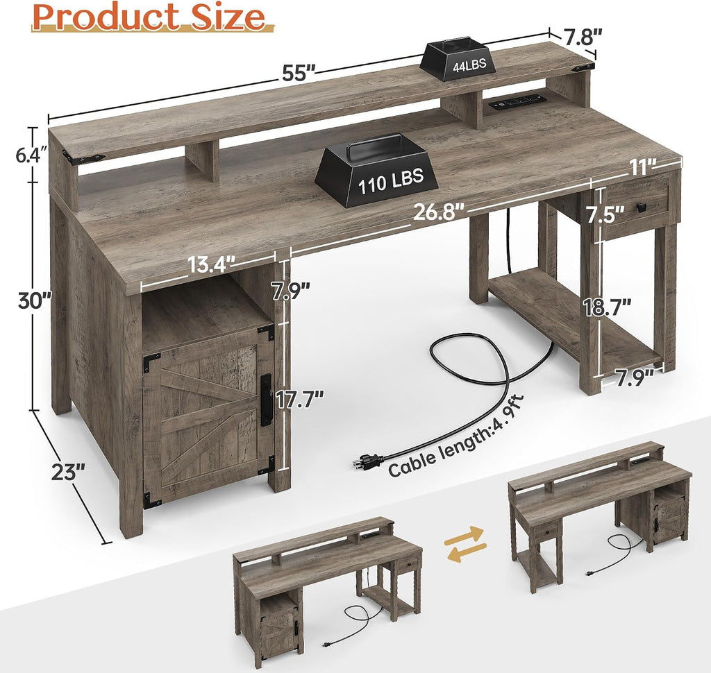 EnHomee Computer Desk with Drawers,23' D Home Office Desk with Storage,Wooden Desk with Monitor Stand,Farmhouse Desk with Printer Space and Power Outlets for Studio,Work, Study,Writing&Gaming