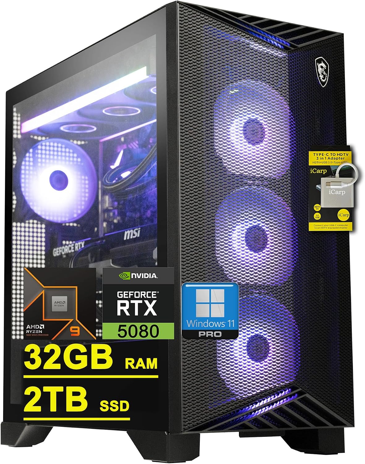 msi Aegis ZS2 Gaming Desktop AMD 12-core Zen 5 Ryzen 9 9900X (>i9-14900HX) 32GB DDR5 2TB SSD GeForce RTX 5080 (Up to 1801 AI Tops) 360mm Liquid Cooler 850W 80+ Gold PSU Support HDD Win11Pro w/ICP Hub