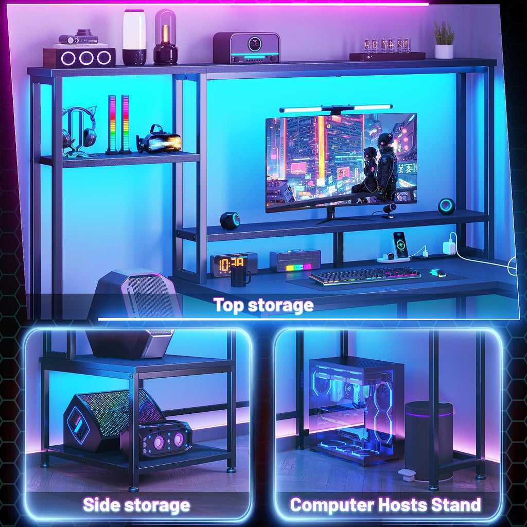 DurayLoly Gaming Desk with LED Lights & Outlets,55' L Shaped Computer Desk with Shelves & Storage Hutch,Reversible Corner Gaming Table with Printer Space & Monitor Stand for Home Office,Black