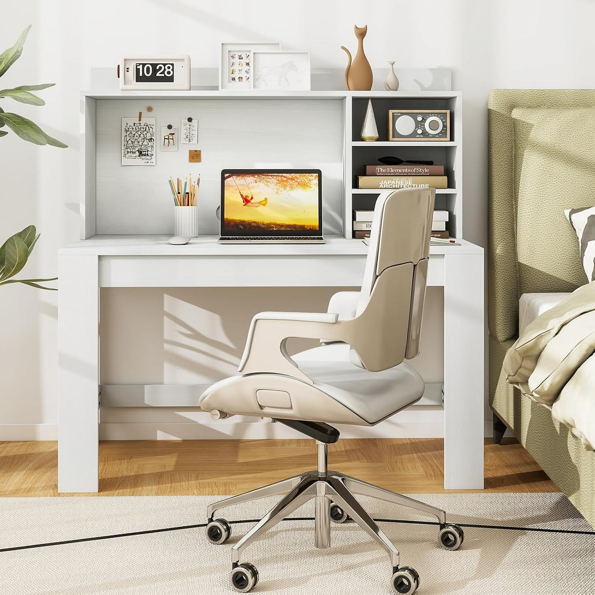 Tangkula 48' Computer Desk with Hutch, Home Office Writing Study Desk with Storage Shelves, Cable Management Hole, Laptop Desk, Desk for Bedroom, Computer Workstation (White)