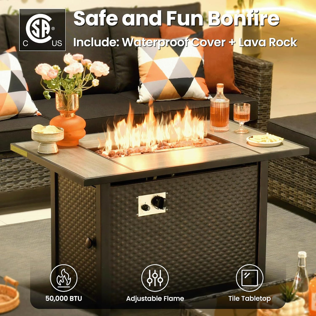 ovios 7 Pieces Patio Furniture Set with 42' Fire Pit Table, Outdoor Sofa Couch with Solar Lights Table Comfy Cushions, Modern Deep Seat Wicker Rattan Conversation Set, Black