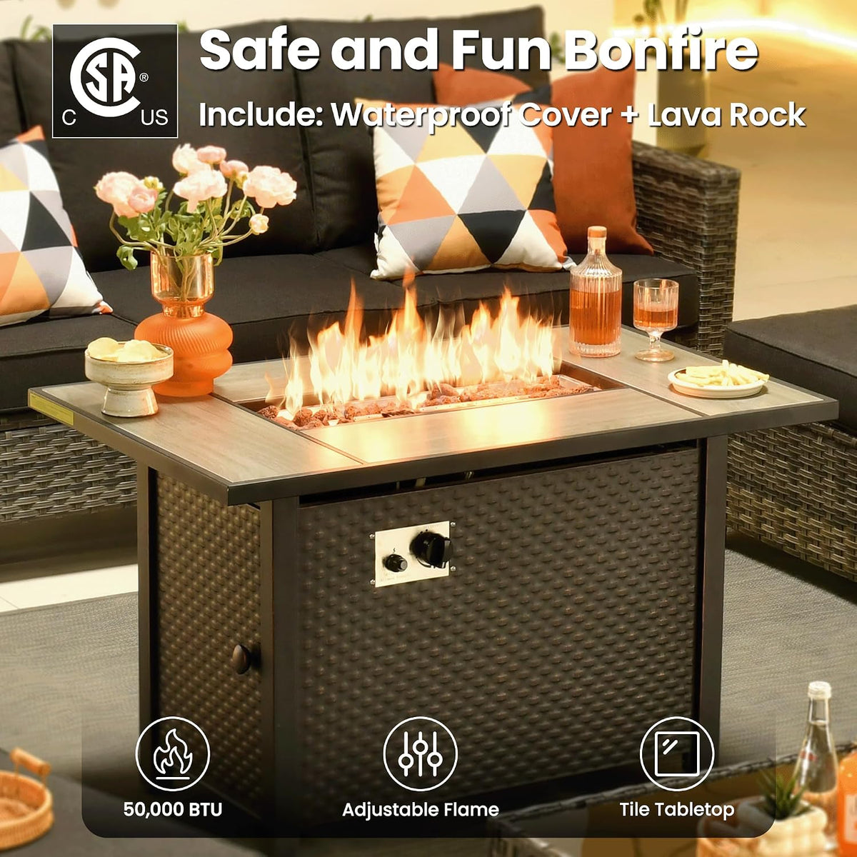 ovios 7 Pieces Patio Furniture Set with 42' Fire Pit Table, Outdoor Sofa Couch with Solar Lights Table Comfy Cushions, Modern Deep Seat Wicker Rattan Conversation Set, Black