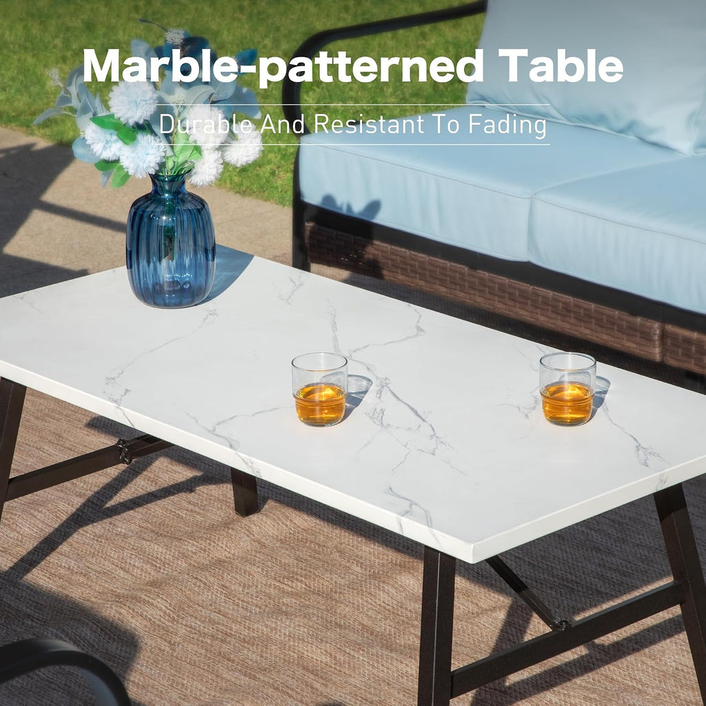 SUNSHINE VALLEY 4 PCS Metal Outdoor Patio Furniture Set, Patio Conversation Sets 1 3-Seater Sofa, 2 Swivel Chairs with 5.75' Extra Thick Cushion & Coffee Table, Black Frame Backyard Furniture, Blue