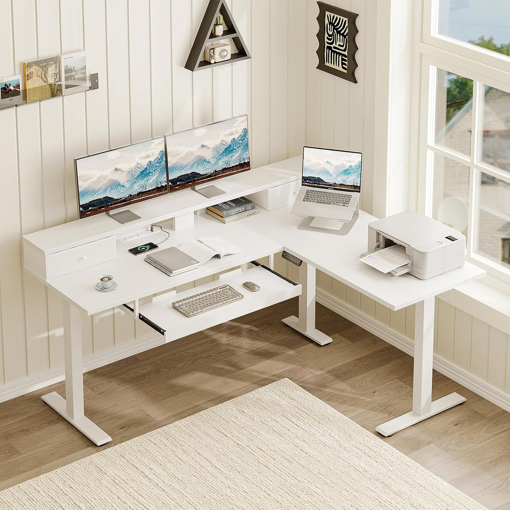 Casaottima 59 Inch Electric L-Shaped Standing Desk with Drawers, Height Adjustable Stand Up Corner Desk with Monitor Stand & Keyboard Tray, Lift Table for Home Office, Workstation, White