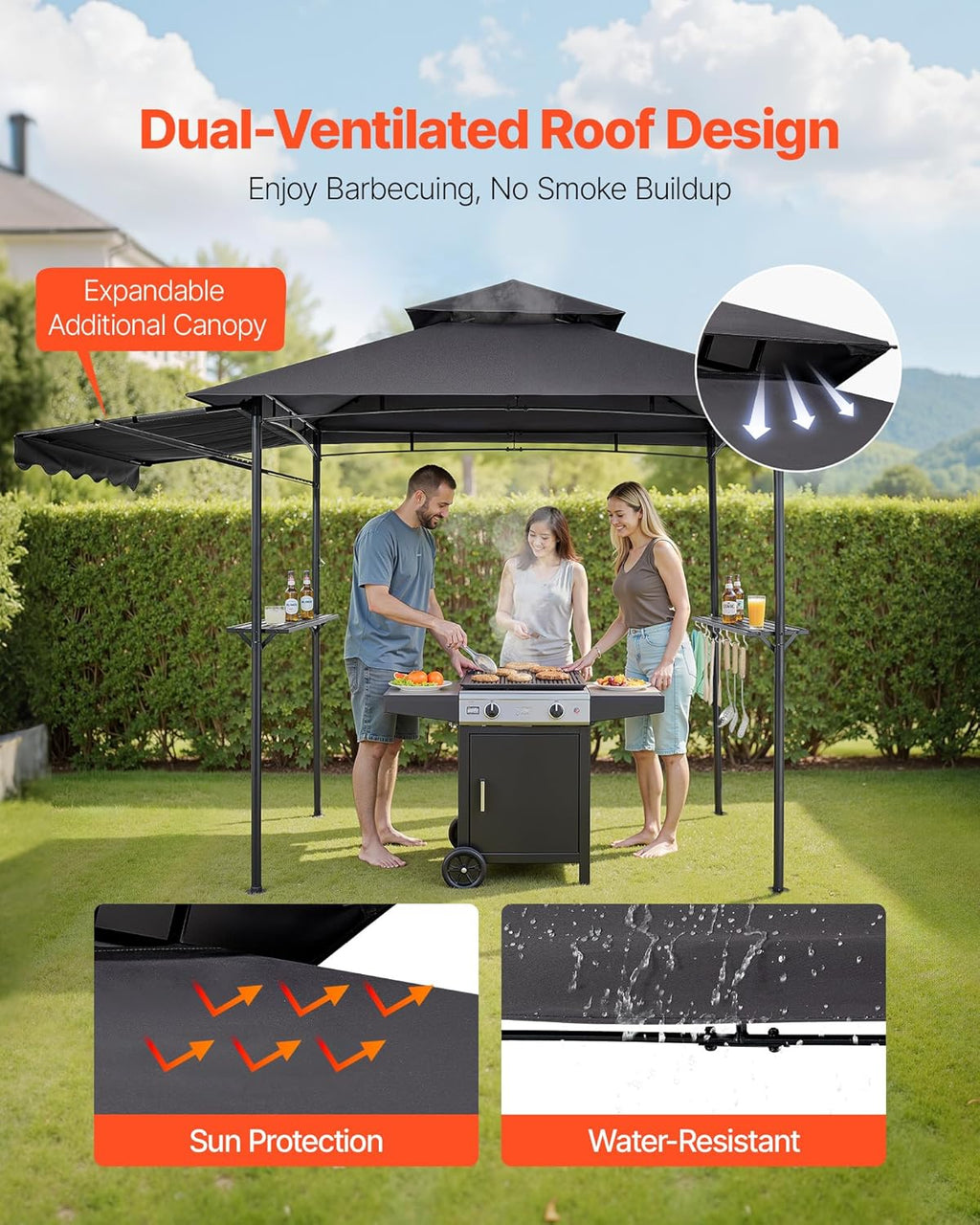 VEVOR Grill Gazebo, 8 x 5 ft Double-Tiered Top, BBQ Gazebo with Extra Awning, Powder-Coated Steel Patio Grill Shelter with 2 Side Shelves, Bottle Opener & Hooks, Outdoor Grilling Canopy for Garden