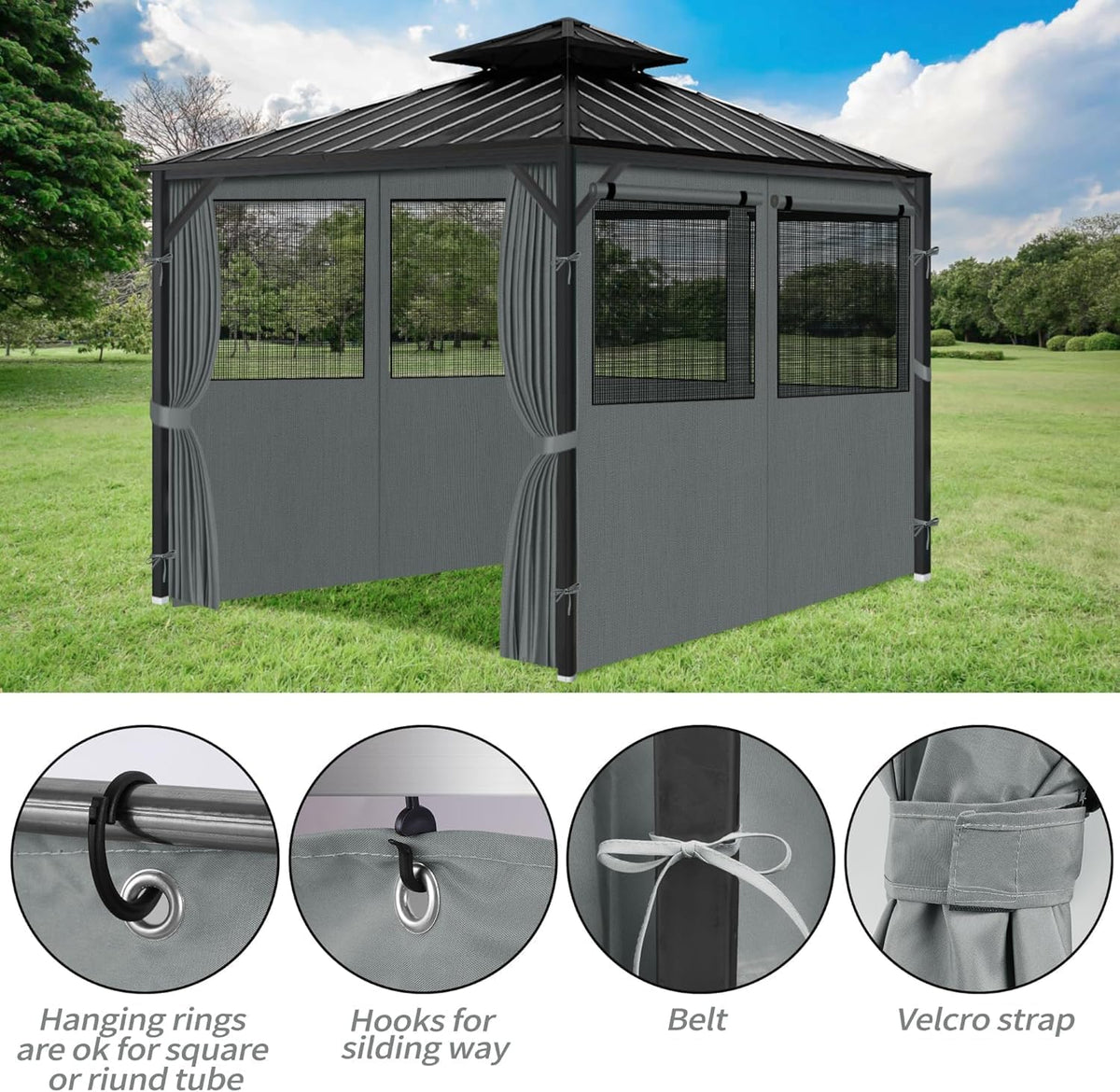 Gazebo Privacy Curtains 10' x 12' with Mosquito Windows, 4-Panels Side Wall with Zipper Universal Replacement for Patio, Outdoor Canopy, Garden and Backyard, Gray (Curtain Only)