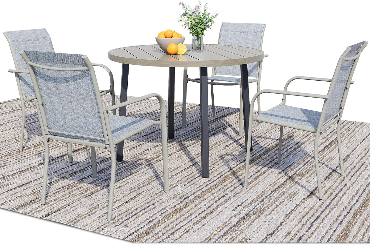 5 Pieces Patio Dining Set for 4, Beige Blue Patio Stackable Chairs and Honey Oak Round Table Set of 4, Outdoor Furniture Set with Sling Support for Outside, Garden