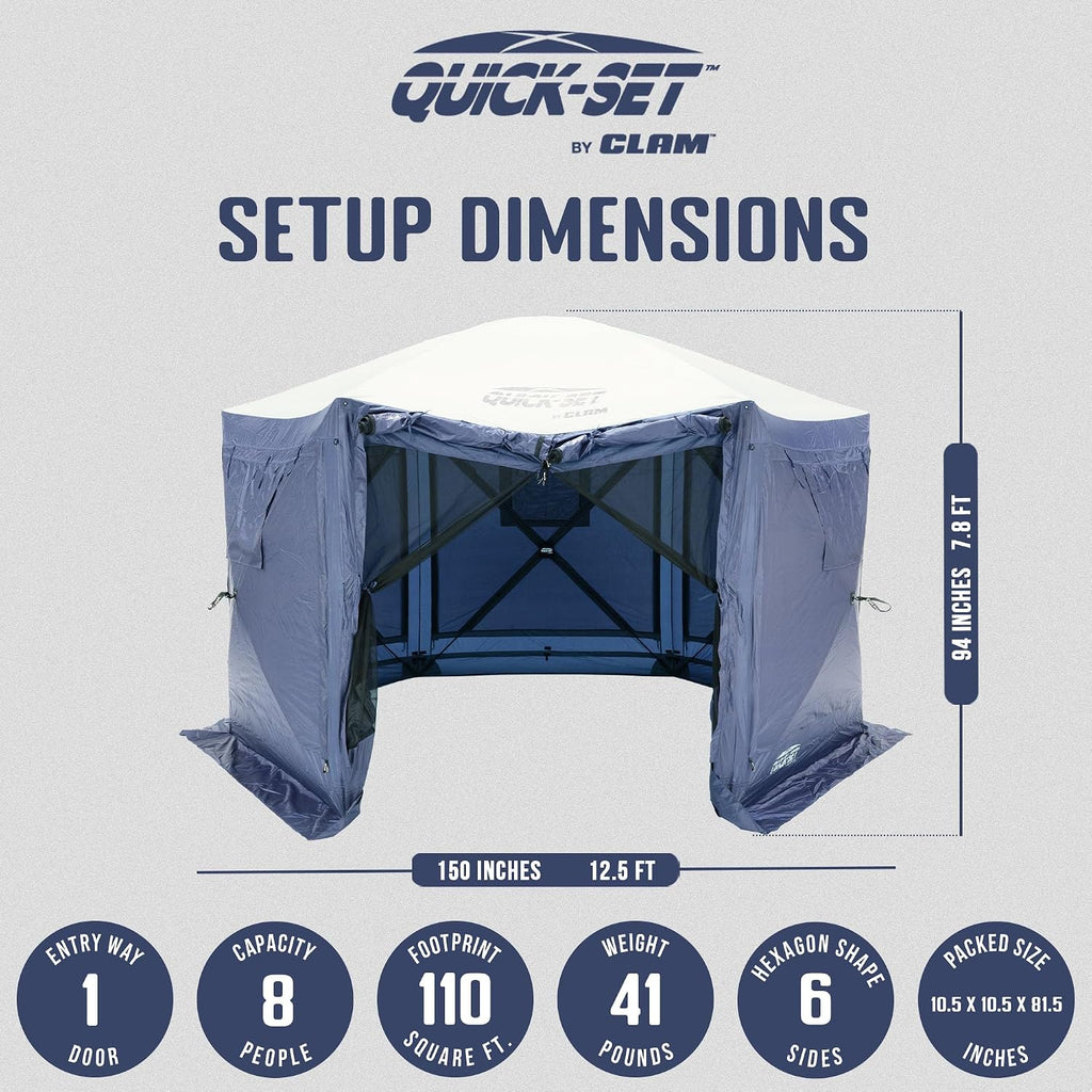 CLAM Quick-Set Pop Up Screen Tent, Pavilion, 12.5 ft, Instant Setup Slate Blue Large Outdoor Gazebo Canopy Shelter, Spacious 8-Person Bug-Free Tent for Parties, Backyard, Camping, Events - Slate Blue