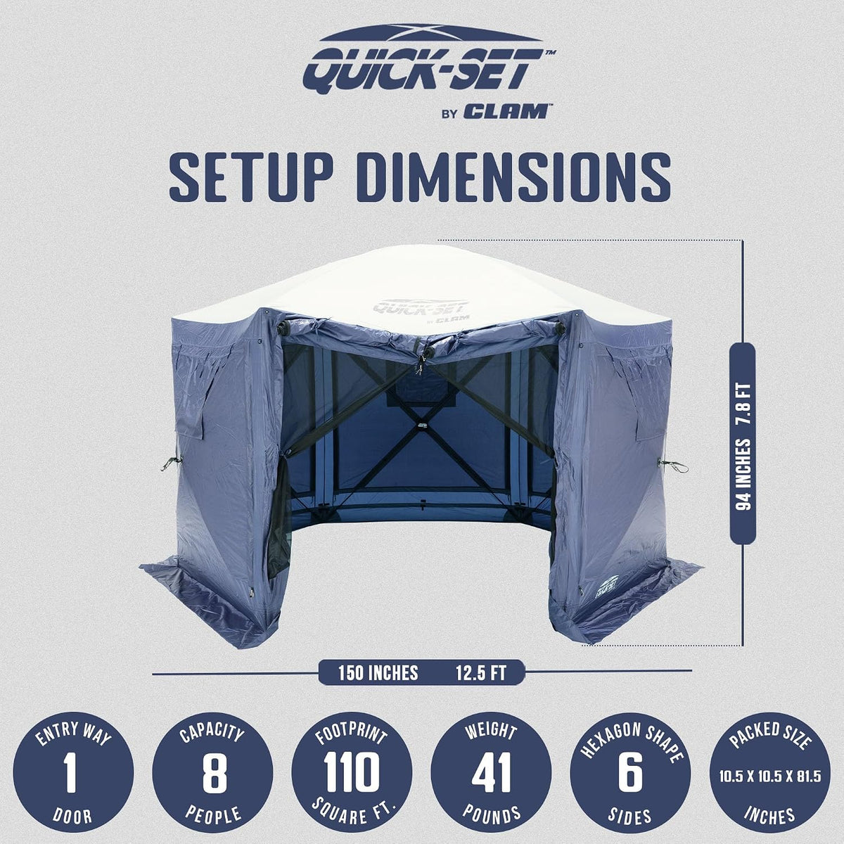 CLAM Quick-Set Pop Up Screen Tent, Pavilion, 12.5 ft, Instant Setup Slate Blue Large Outdoor Gazebo Canopy Shelter, Spacious 8-Person Bug-Free Tent for Parties, Backyard, Camping, Events - Slate Blue