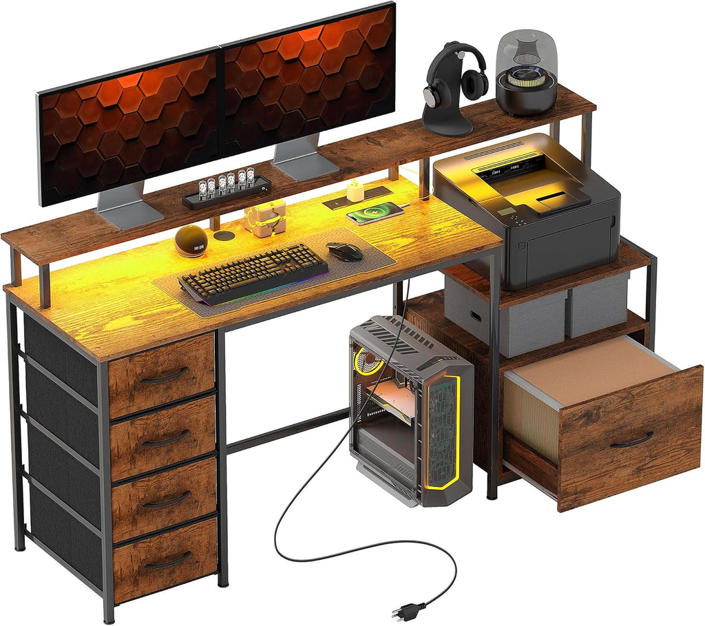 HOMCOM 67' Gaming Desk with File Cabinet and Fabric Drawers, Computer Table with Power Outlets and LED Lights, Monitor Stand and Printer Shelf, for Home Office Desk, Rustic Brown