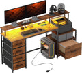 HOMCOM 67' Gaming Desk with File Cabinet and Fabric Drawers, Computer Table with Power Outlets and LED Lights, Monitor Stand and Printer Shelf, for Home Office Desk, Rustic Brown