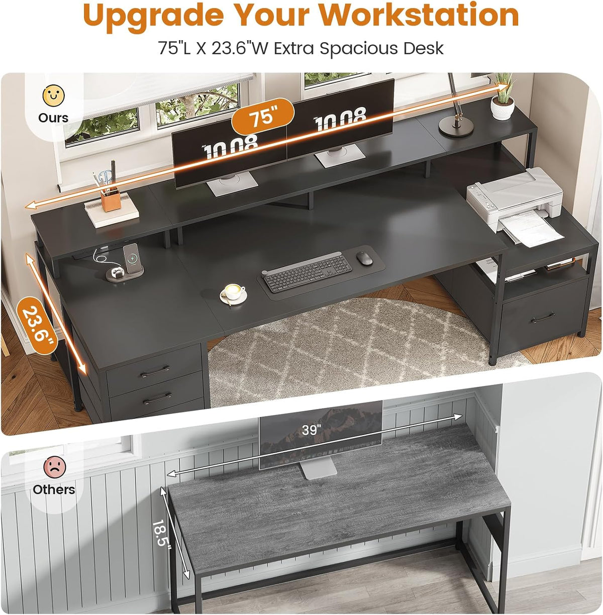 SEDETA 75'' Computer Desk with 5 Drawer, Power Outlet & Led Lights, Home Office Desk with File Drawer, Storage Shelves, Printer Cabinet and Monitor Shelf, 23.6' W Large Desktop Gaming Desk, Black