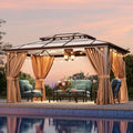 Aoxun 10'x14' Hardtop Gazebo, Outdoor Metal Gazebo with Double Polycarbonate Roof Canopy, Permanent Pavilion with Netting and Curtains for Lawn, Garden, Patio (Khaki)