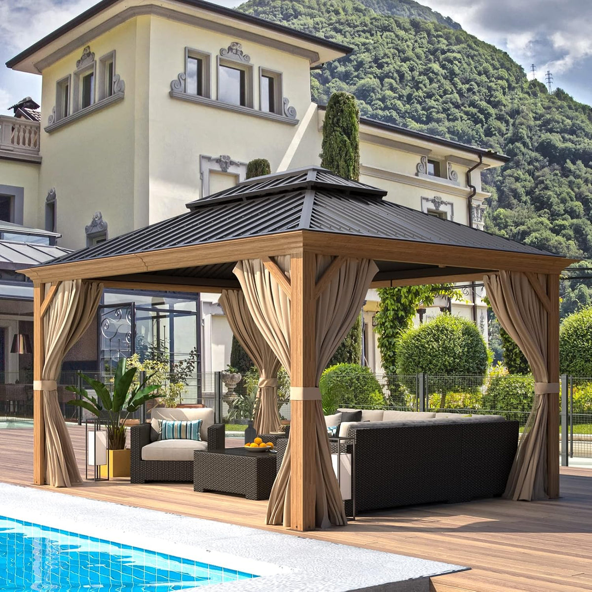 EROMMY 10'x12' Gazebo, Wood Grain Aluminum Frame Canopy with Double Galvanized Steel Hardtop Roof, Outdoor Permanent Metal Pavilion with Curtains and Nettings for Patio, Backyard and Deck