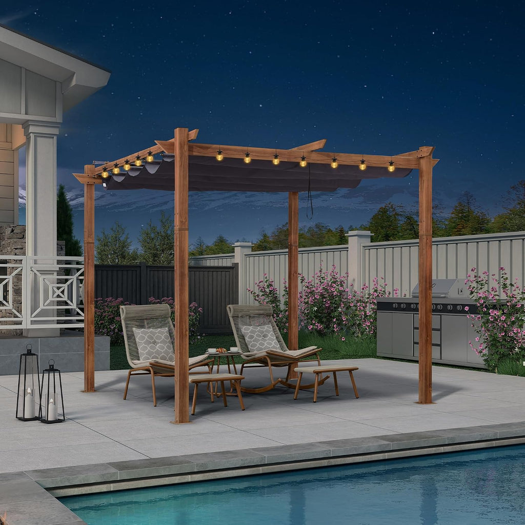 PURPLE LEAF 10' x 10' Outdoor Retractable Pergola with Sun Shade Canopy Patio Metal Shelter for Garden Pavilion Natural Wood Grain Frame Modern Yard Grill Pergola with 12 LED Lights Navy Blue