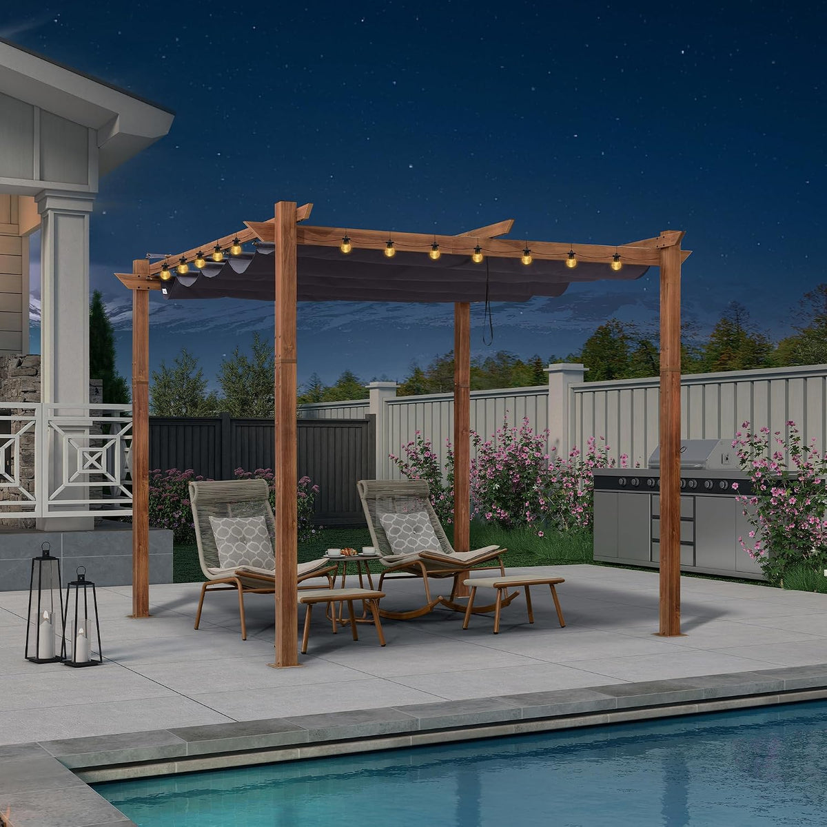 PURPLE LEAF 10' x 10' Outdoor Retractable Pergola with Sun Shade Canopy Patio Metal Shelter for Garden Pavilion Natural Wood Grain Frame Modern Yard Grill Pergola with 12 LED Lights Navy Blue