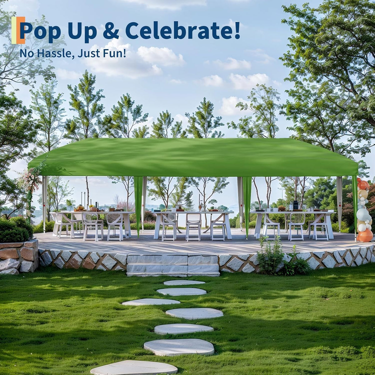 GarveeLife 10x30 Pop-Up Awning with 8 Sidewalls - Heavy Duty Outdoor Awning Tent with Portable Rolling Bag - 3 Adjustable Height, 8 Weight Bags, 8 Stakes and 6 Drawstrings, Green