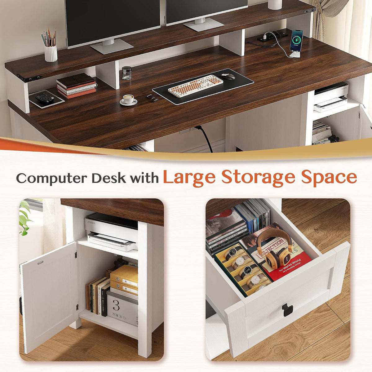 EnHomee Computer Desk with Drawers,23' D Home Office Desk with Storage,Wooden Desk with Monitor Stand,Farmhouse Desk with Printer Space and Power Outlets for Studio,Work, Study,Writing&Gaming,White