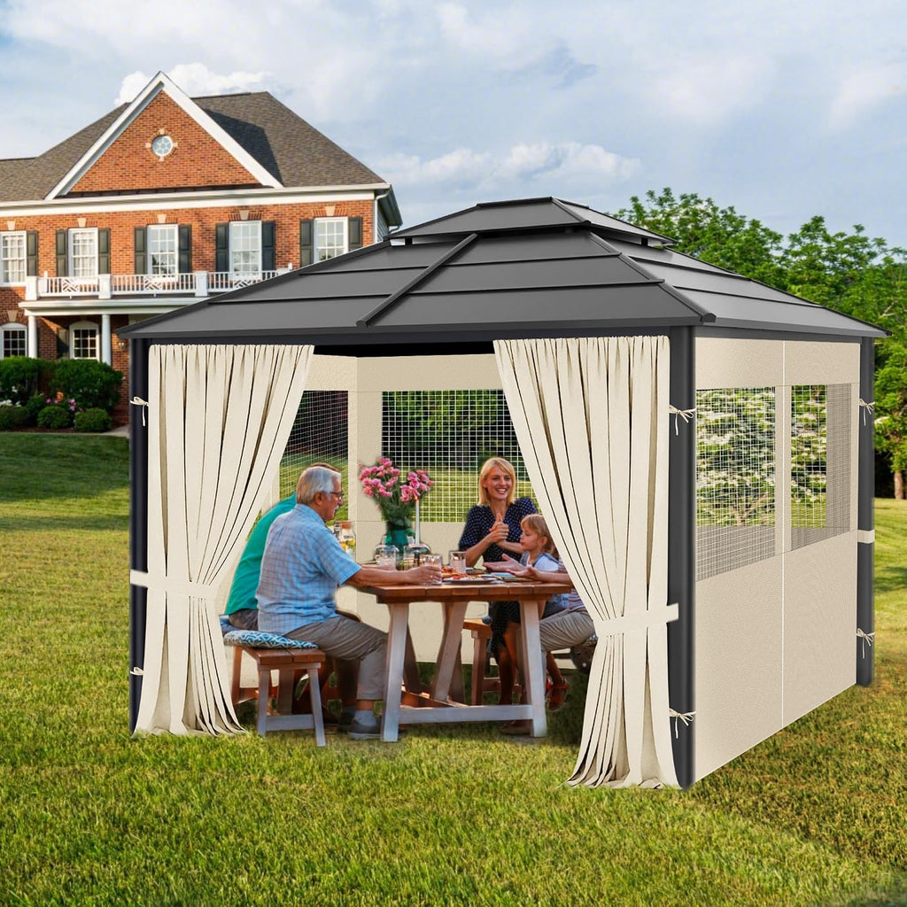 Gazebo Privacy Curtains 10' x 12' with Mosquito Windows, 4-Panels Side Wall with Zipper Universal Replacement for Patio, Outdoor Canopy, Garden and Backyard, Beige(Curtain Only)