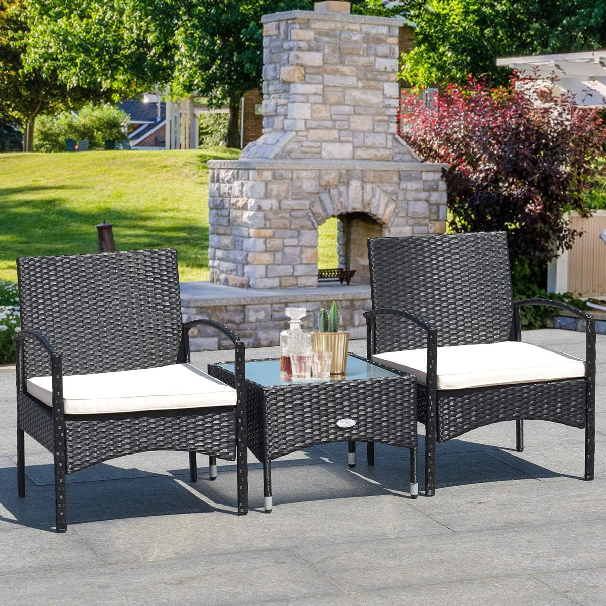 Tangkula 3 PCS Patio Wicker Rattan Furniture Set, Rattan Chair with Coffee Table, High Load Bearing Chair Conversation Sets for Patio Garden Lawn Backyard Pool (Black)