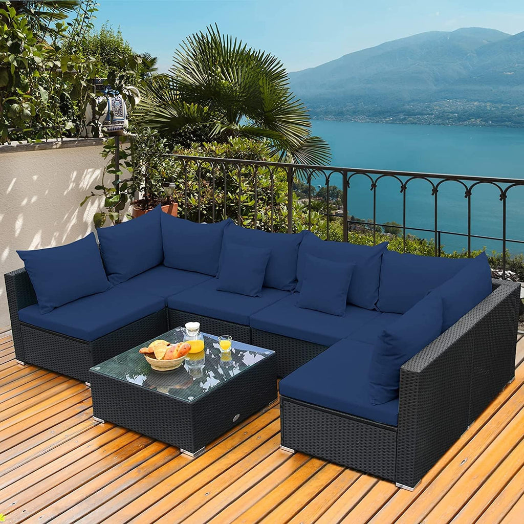 HAPPYGRILL 7 PCS Patio Furniture Set Outdoor Rattan Wicker Sectional Sofa Set with Cushions & Pillows & Coffee Table for Garden Lawn