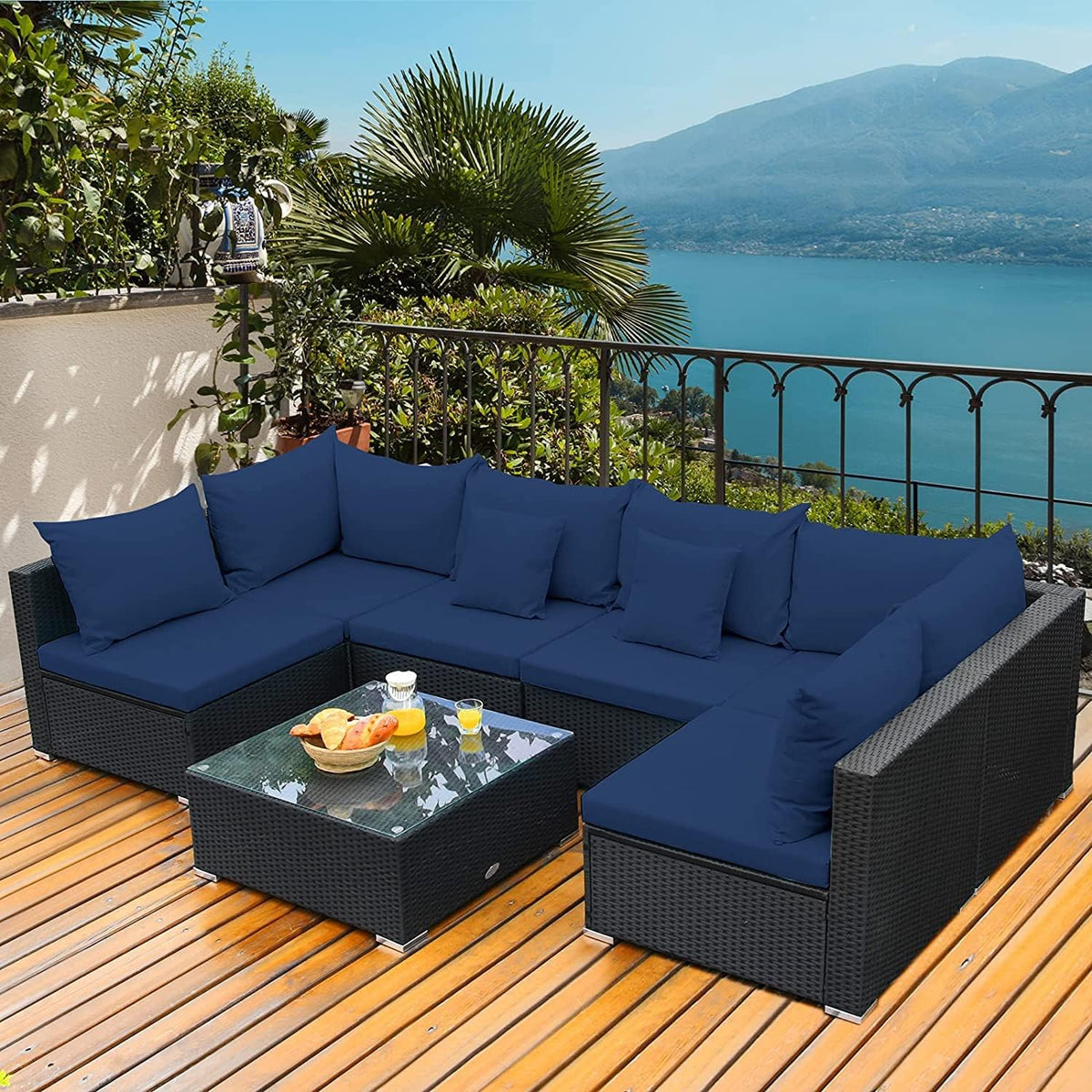 HAPPYGRILL 7 PCS Patio Furniture Set Outdoor Rattan Wicker Sectional Sofa Set with Cushions & Pillows & Coffee Table for Garden Lawn