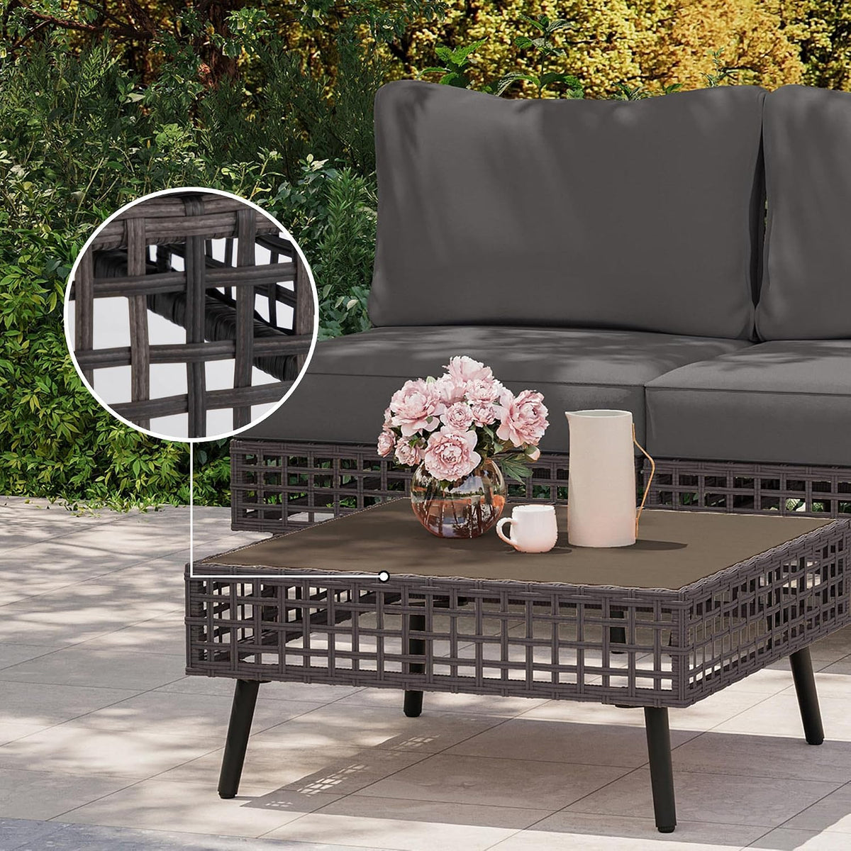 LAUSAINT HOME 3 Pieces Outdoor Sectional Sofa Set, All-Weather PE Wicker Rattan Patio Conversation Set with Thick Cushions & Coffee Table, Patio Furniture Set for Garden, Backyard, Porch (Grey)