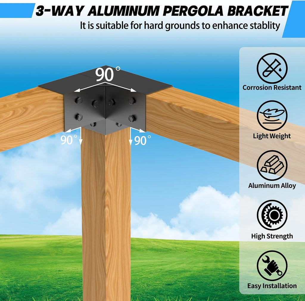 JEXALINE Aluminum Pergola Kit for 4'x4' Lumber, Heavy Duty Pergola Brackets with 3-Way & 4-Way Corner Brackets, DIY Gazebo Kit for Outdoor Patio Backyard Garden, Fits Actual 3.6' x 3.6' Wood