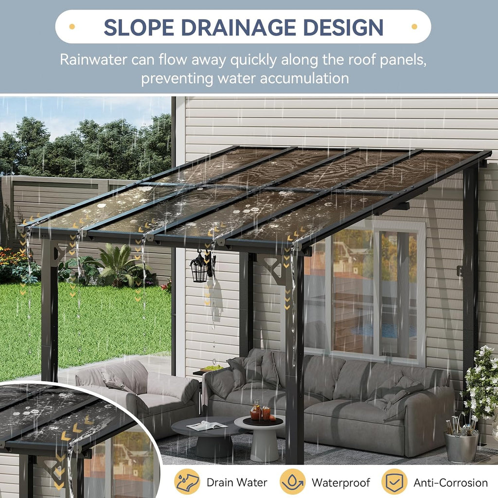 8x10FT Lean to Gazebo, Hardtop Metal Pergola with Polycarbonate Roof, Large Wall Mounted Heavy Duty Awnings, Patio Canopy for Backyard, Deck, Porch, Black