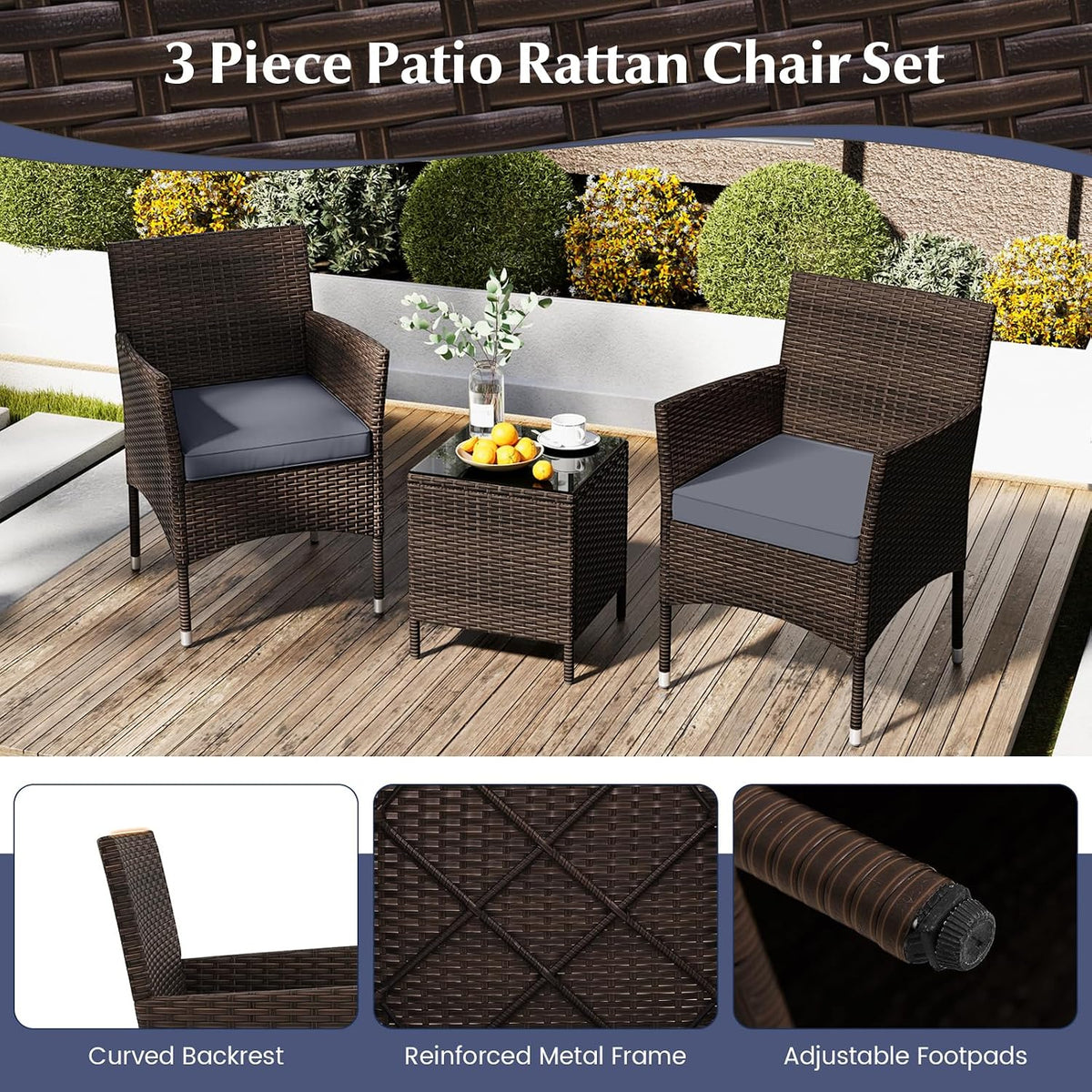 KOTEK 3 Piece Patio Furniture Set, Outdoor Wicker Patio Chairs with Soft Cushions & Tempered Glass Top Table, PE Rattan Bistro Set for Porch, Garden, Balcony (Grey)