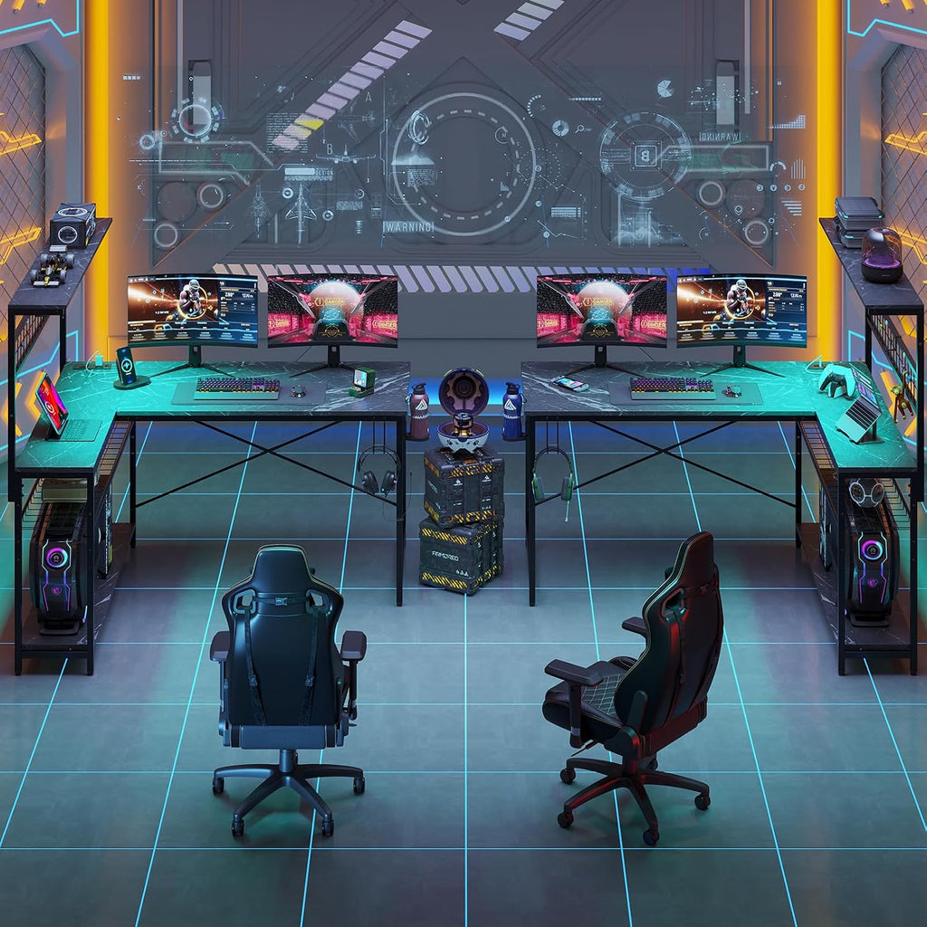 Bestier Gaming Desk 51' L-Shaped, with Power Outlets & LED Lights- 4 Tier Shelves, Reversible Gamer Table with Hooks & Cup Holder for Home Office Black Marble