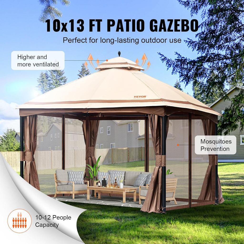 VEVOR Patio Gazebo for 10-12 Person, 10 x 13 FT Backyard Gazebo, with Mosquito Netting, Metal Frame, and PU Coated 180G Polyester, Outdoor Canopy Shelter for Patio, Backyard, Lawn, Garden, Deck