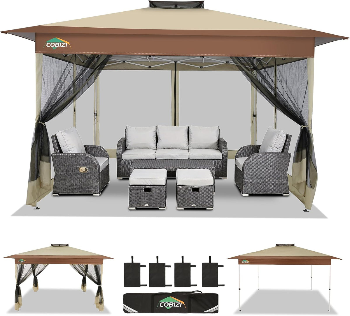 COBIZI 13x13 FT Pop up Gazebo on Clearance - Outdoor pop up Canopy Tent,carpas para Patio, Shelter - Screen Tents with Portable Carry Bag, Patio Gazebos for Camping,Garden,Deck,Backyard,Khaki